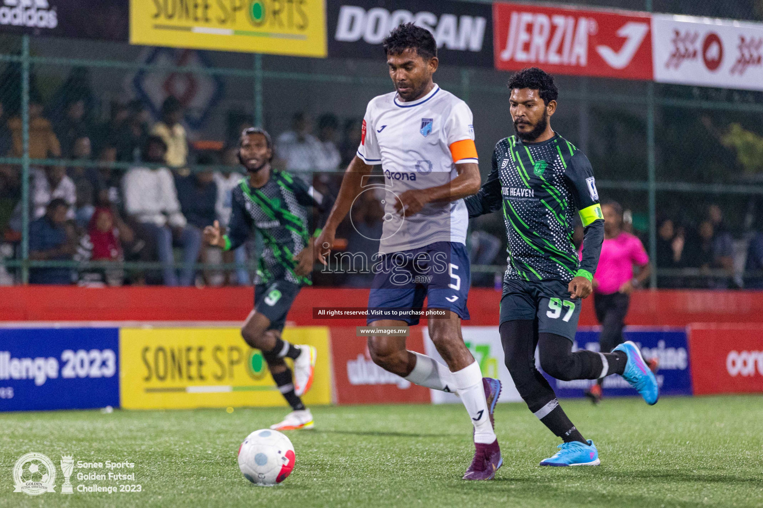 Sh. Feevah vs Sh. Lhaimagu in Day 4 of Golden Futsal Challenge 2023 on 08 February 2023 in Hulhumale, Male, Maldives