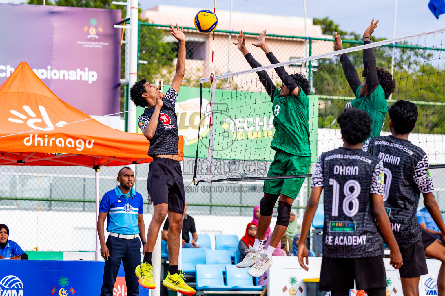 Sports Club Dhirun vs Goodies Sports Club in Milo National Junior Volleyball Championship 2025 Day 3 was held on Monday, 24th November 2025 at Ekuveni Turf Court Male', Maldives. Photos: Nausham Waheed / images.mv