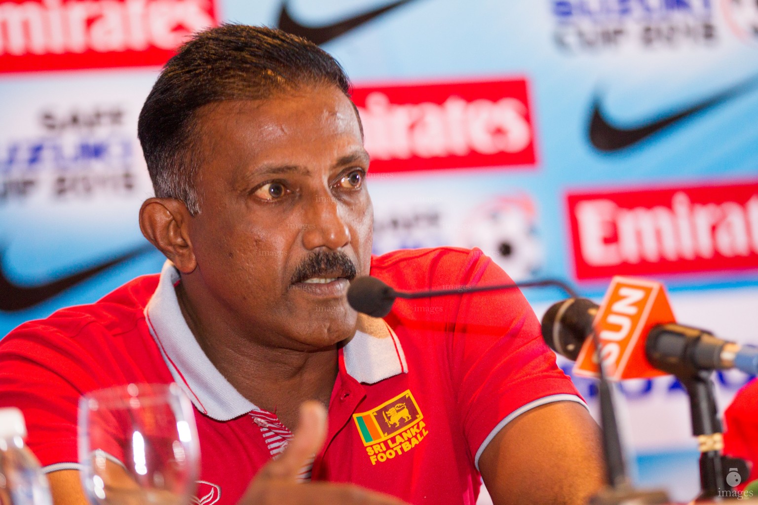 Sri Lankan coach speaks to the media ahead of the semifinals in Thiruvananthapuram, India, Wednesday, December. 30, 2015.  (Images.mv Photo/ Mohamed Ahsan).