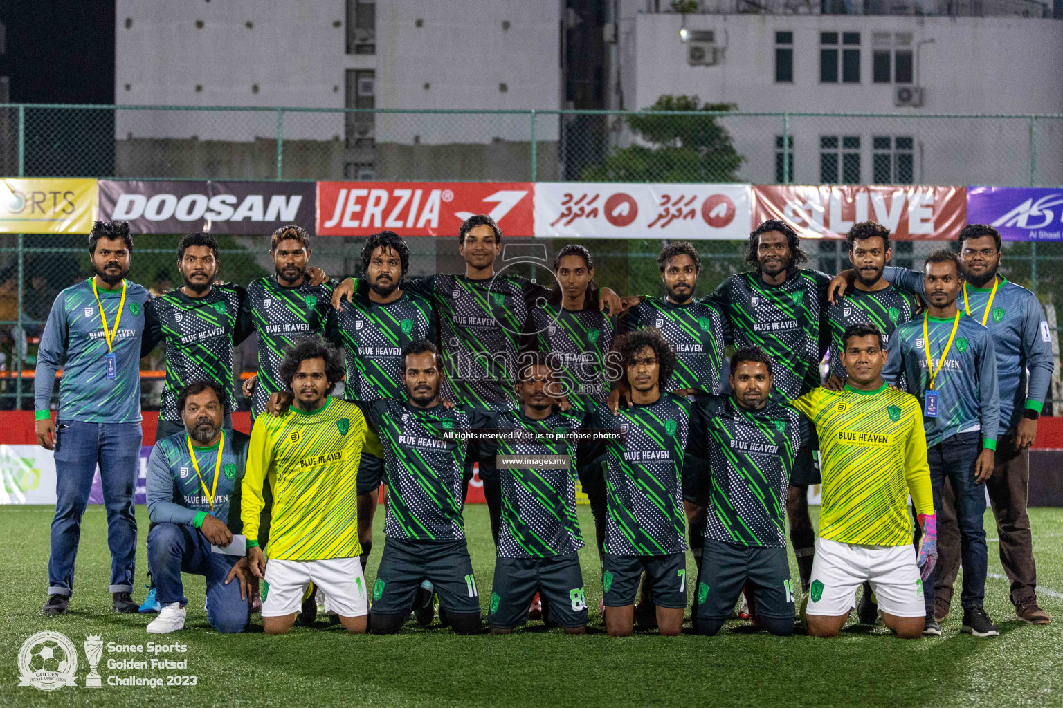 Sh. Feevah vs Sh. Lhaimagu in Day 4 of Golden Futsal Challenge 2023 on 08 February 2023 in Hulhumale, Male, Maldives