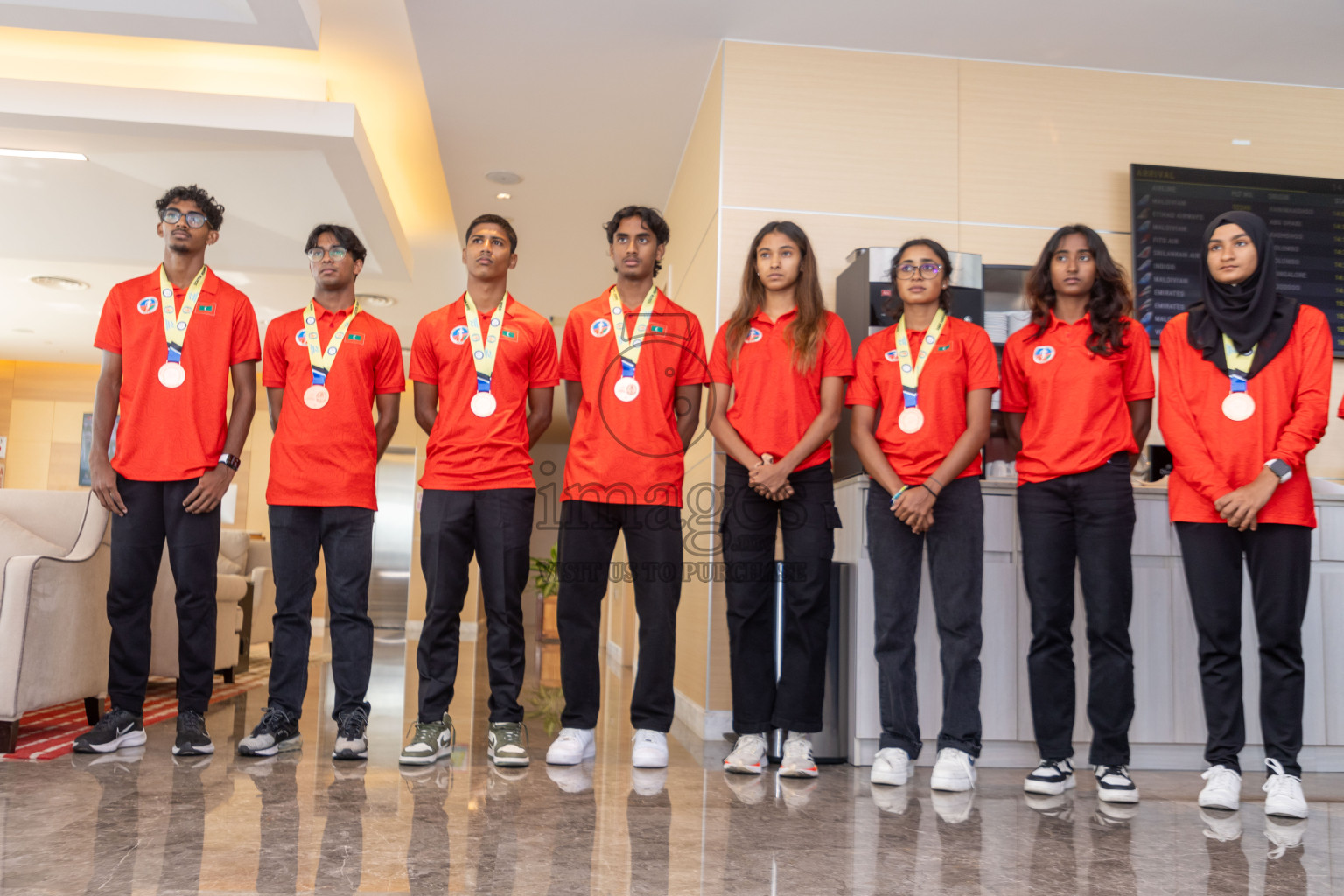 Arrival of Junior athletics team after 4th South Asian Junior Athletics Championship. Both Junior Men and Women's team won Bronze from 4x100m Relay event. 
Photos: Ismail Thoriq / images.mv